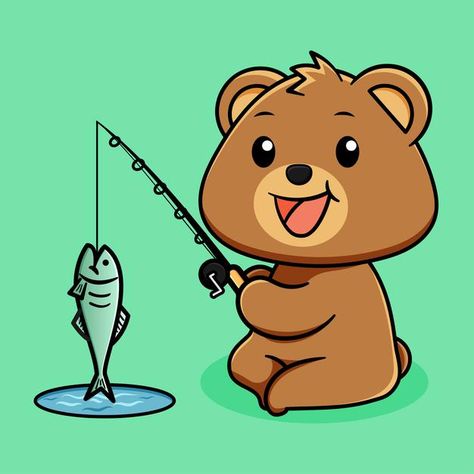 Bear Fishing Drawing, Vet Study, Fishing Cartoon, Fishing Bear, Bear Fishing, Happy Bear, Bear Vector, Nautical Nursery Decor, Fish Illustration