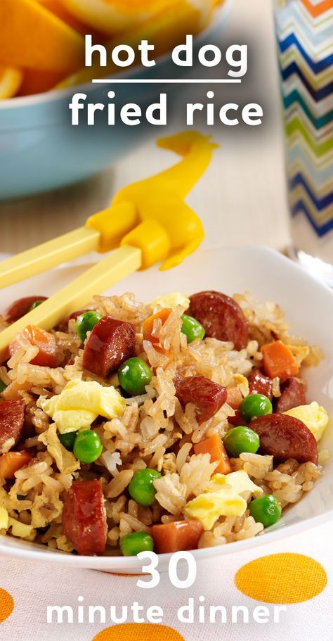 Easy Meals With Hot Dogs, Dinner With Hotdogs, Hot Dog Rice, Hot Dog Dinner Ideas Meals, Meals Using Hot Dogs, Hot Dog And Rice, Hot Dog And Rice Recipes, Recipes With Hotdogs, Hot Dog Lunch Ideas For Kids