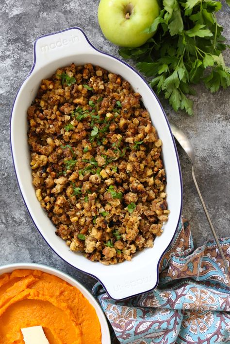 Stovetop Stuffing with Sausage, Apple, and Onion - Domesticate ME Stuffing With Ground Beef, Sausage Apple Stuffing, Stuffed Pepper Skillet, Stuffing With Sausage, Stovetop Stuffing, Ground Beef Meatloaf, Apple And Onion, Apple Stuffing, Beef Meatloaf