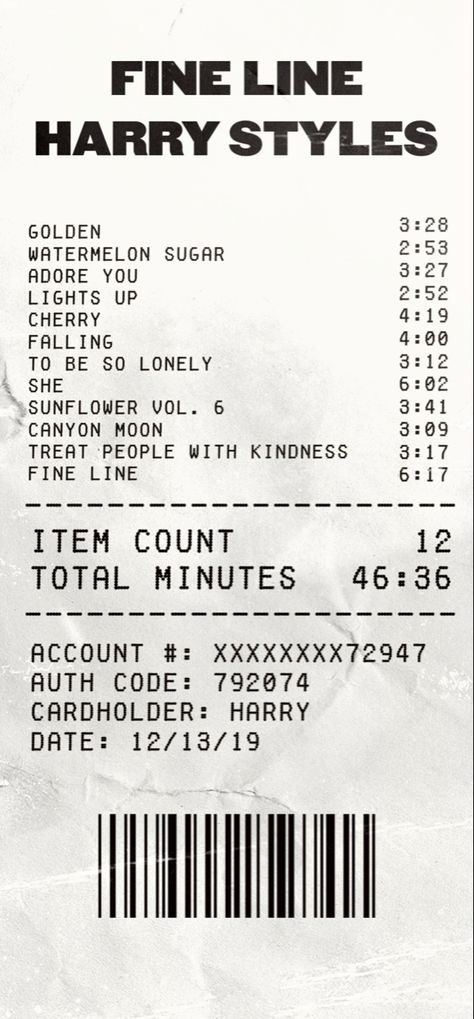 Fine Line Receipt, Harry Styles Receipt, Album Receipts Aesthetic, Receipt Music, Song Receipt, Music Receipts, Receipt Art, Harry Styles News, Album Fine Line