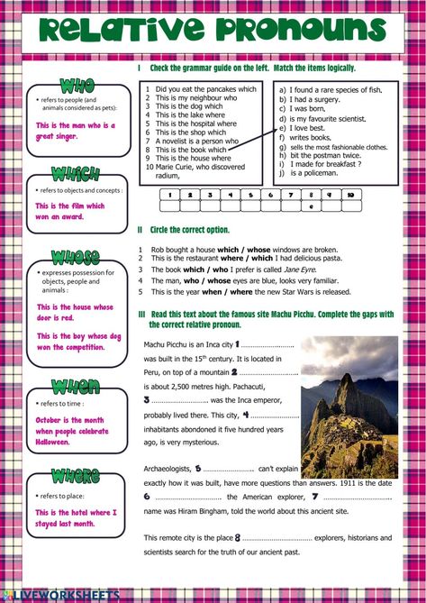 Relative Pronouns Worksheet, Pronoun Anchor Chart, English Pronouns, Pronoun Activities, Adverbs Worksheet, Demonstrative Pronouns, Relative Clauses, English Grammar Tenses, Relative Pronouns