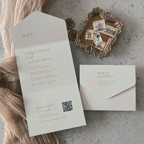 Modern Chic Vintage Gold QR Monogram Wedding All In One Invitation Trifold Wedding Invitations, Bohemian Typography, Wedding Invites Simple, Classic Wedding Invitations Elegant, Wedding Invitation Boho, Folded Invitation, Minimalist Stationery, Folded Wedding Invitation, Rsvp Online