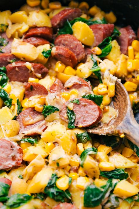 Smoked Sausage, Potatoes, & Corn (One Skillet) - Chelsea's Messy Apron What To Make With Potatoes, Smoked Sausage Potatoes, Farmer Sausage, Potatoes And Corn, Golden Potatoes, Smoked Sausage Recipes, Cheese Dinner, Chelsea's Messy Apron, Corn Dishes