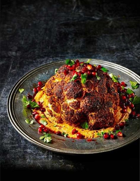 Party Hummus, Hummus And, Vegan Roasted Cauliflower, Vegan Dinner Party, Vegan Cauliflower Recipes, Roast Cauliflower, Beetroot Hummus, Harissa Recipes, Dinner Vegan