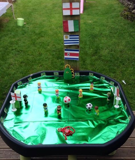 Tuff Tray becomes football pitch from Tuff Tray Ideas from Jo Jo #worldcup #tufftray Football Tuff Tray Ideas, Football Tuff Tray, Sports Tuff Tray Ideas, Euros Football, Tuff Tray Ideas, Olympic Idea, Football Activity, Tuff Spot, Olympic Theme