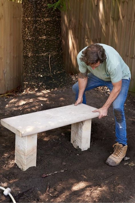 How to make a stone seat | Better Homes and Gardens Garden Benches Diy, Stone Seating, Stone Patio Bench Seating, Diy Stone Bench, Stone Benches Outdoor, Stone Bench In Garden, Cement Benches Outdoor Seating, Diy Stone Bench Outdoor Seating, Curved Stone Benches Outdoor