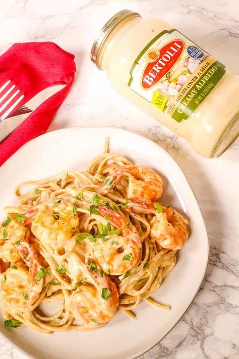 Shrimp In Alfredo Sauce, Shrimp With Alfredo Sauce, Easy Shrimp Alfredo With Jar Sauce, Fettucini Alfredo Recipe With Shrimp, Shrimp Alfredo Recipe With Jar Sauce, Shrimp Alfredo Pasta With Jar Sauce Easy, Seafood Alfredo Pasta Recipes, Jarred Alfredo Sauce Doctor Up, Prego Alfredo Sauce Recipes