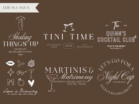 🍸 Martinis and Marriage Bachelorette Party Logo Set Gear up for an edgy celebration with our exclusive Martinis and Marriage Bachelorette Party Logo Set. This Canva digital download offers a stylish logo set, perfect for a bachelorette bash full of fun and flair. Martinis And Matrimony, Bachelorette Cricut, Etsy Invitations, Custom Bachelorette, Party Logo, Logo Unique, Stylish Logo, Club Logo, Personalized Logo