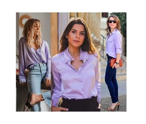 💜28 outfits in 2022💜 what to wear with lavender & lilac? | Lady Refines What To Wear With Lavender, Lavender Top Outfit, Oxford Shirt Women, Lavender Outfit, Lavender Pants, Lavender Shirt, White Oxford Shirt, Lilac Top, Navy Blue Coat