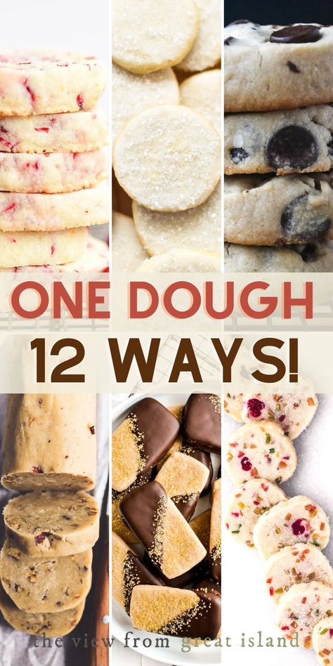 One shortbread cookie dough recipe that can be made into 12 delicious cookies. Which one will you try first? Make Ahead Freezer Cookie Dough, Cookie Dough Roll Recipes, Cookie Dough Freezable, Freezer Cookie Dough Slice And Bake, Freezer Slice And Bake Cookies, 1 Cookie Dough Many Cookies, Versatile Cookie Dough Recipe, Slice And Bake Cookie Recipes, Slice Cookies Recipe