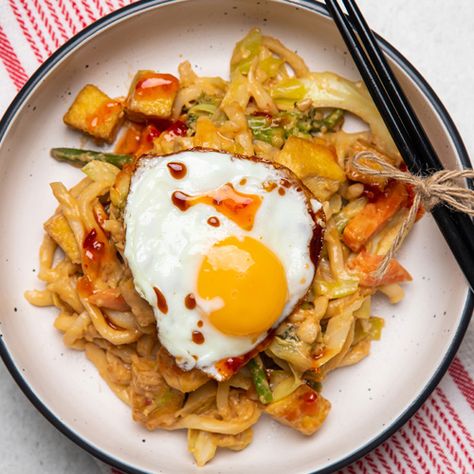 Satay Tofu Noodles | New World Satay Tofu, Tofu Noodles, Satay Sauce, Frozen Broccoli, Udon Noodles, Bean Curd, Chilli Sauce, Fried Egg, Eggs Benedict