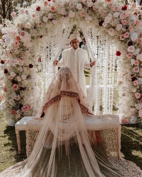 Absolutely in love with all the stunning photos from Rawnak & Shagota’s Nikkah ceremony. Such a beautiful moment captured as Rawnak sees his gorgeous wife for the first time ❤️ Styling, flowers and decor by @museweddingsandevents Bride by @shay.gotya Photography by @shutterstories.au Make up by @mariamzafarbridal Venue @growwild.weddings Nikkah Flower Partition, Outside Nikkah, Nikkah Pic, Nikkah Partition, Backyard Nikkah, Nikkah Pics, Nikkah Photoshoot, Nikkah Ideas, Nikkah Ceremony