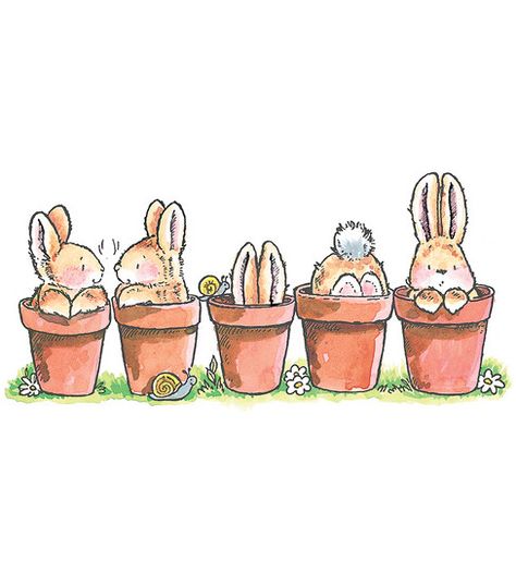 Cette belle illustration de petits lapins en pots est en fait une étape de chez Joann.com! Mais il vous est évidemment possible de vous en inspirer en peignant à la main! Venez nous visiter au Crackpot Café pour réaliser votre prochain projet de peinture sur céramique! Bunny Friends, Black Bunny, Penny Black Stamps, 강아지 그림, Bunny Art, Penny Black, Pen Drawing, Easter Ideas, Easter Cards