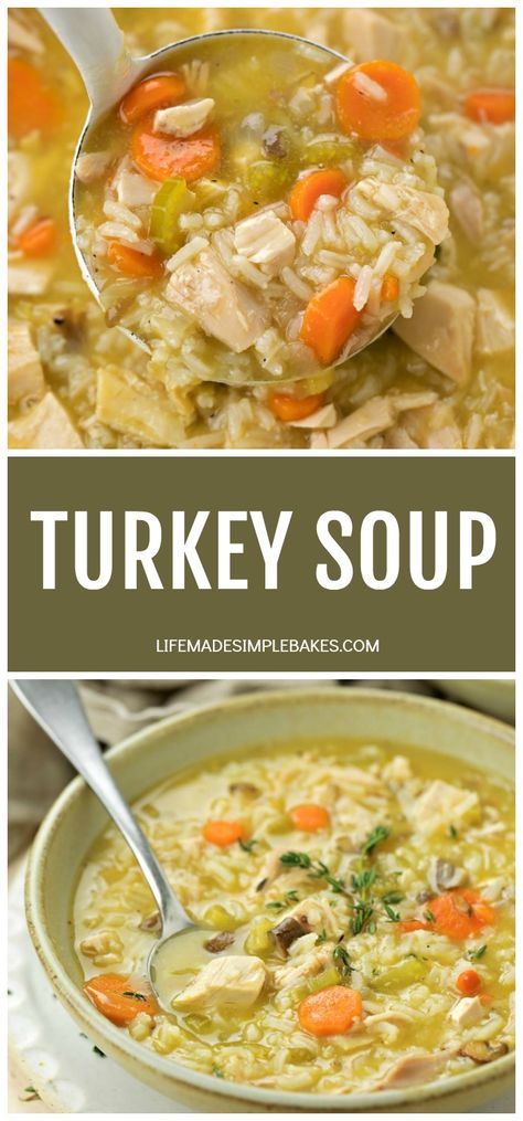 This Turkey Soup is delicious, comforting and a perfect way to use up leftover turkey from your holiday meals! The flavors from the roasted turkey, vegetables and herbs make this one of my all-time favorite soups! #turkeysoup #souprecipes #turkeysouprecipe #soup Turkey Soup With Potatoes, Healthy Turkey Soup, Turkey Soup From Carcass Recipes, Turkey Soup Recipes, Recipes With Ground Turkey, Turkey Rice Soup, Cheesy Cauliflower Soup, Cozy Soups, Leftover Turkey Soup