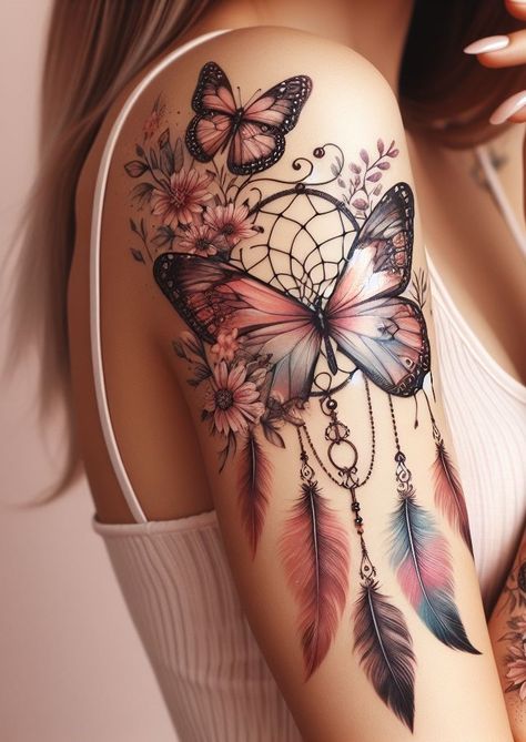 Watercolor Dream Catcher & Butterfly: Dreamy Cosmos Combine the ethereal beauty of watercolors with radiant butterflies for a truly unique dream catcher tattoo. Perfect for nature enthusiasts and dreamers! Half Sleeve Tattoos For Women Upper Arm Dream Catcher, Women Dream Catcher Tattoo, Spine Tattoos For Women Dream Catcher, Dragonfly Dreamcatcher Tattoo, Dreamcatcher Butterfly Tattoo, Butterfly Art Tattoo, Butterfly Dream Catcher Tattoo, Dream Catcher Cover Up Tattoo, Girly Japanese Tattoo