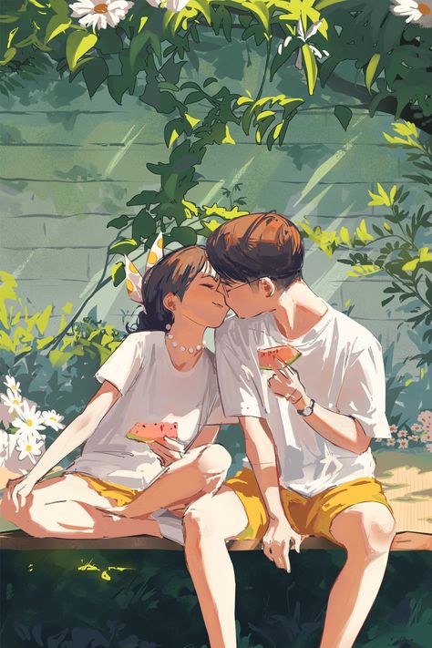 Couple Cooking Drawing Reference, Aesthetic Couple Illustrations, Cute Couple Illustration Art, Study Anime, Photo Study, In Denial, Chubby Cheeks, Couple Illustration, Cute Couple Art