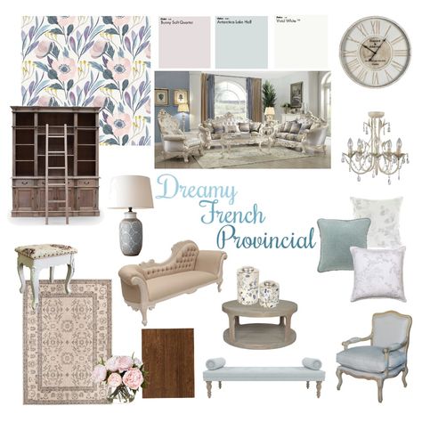 French Provincial Mood Board, French Provincial Style Bedroom, French Country Mood Board, French Provincial Bedroom Ideas, French Classic Interior Design, French Classic Interior, French Provincial Decor Living Room, French Provincial Couch, Provincial Interior Design