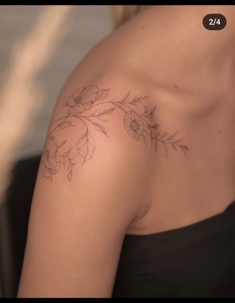 Delicate Flower Shoulder Tattoo, Dainty Floral Back Tattoo, Dainty Botanical Tattoo, Poppy Shoulder Tattoo, Fine Line Shoulder Tattoos For Women, Flowers On Shoulder Tattoo, Delicate Shoulder Tattoo, Feminine Collar Bone Tattoos, Dainty Collarbone Tattoo