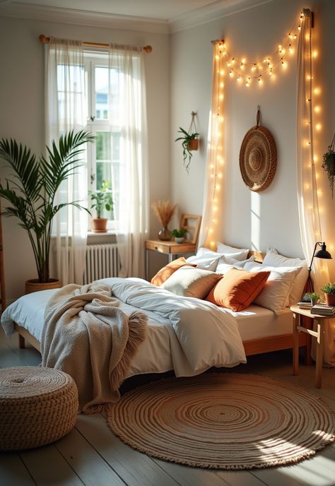 Boho Bedroom with Curtain Lights Boho Ceiling Lights Bedroom, Bedroom Curtain Lights, Bright Boho Bedroom, Room Inspo Boho, Twinkle Lights Bedroom, Minimal Boho Bedroom, Bohemian Bedroom Inspiration, White Linens, Bedroom Curtain