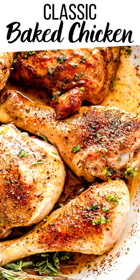 Simple, wholesome, and full of flavor, these Classic Baked Chicken Pieces are coated in a smoky seasoning blend and roasted up tender and real juicy! Baked Chicken Oven Recipes, Sunday Baked Chicken, Classic Baked Chicken, Soul Food Baked Chicken Recipes, Best Baked Chicken Seasoning, Oven Roast Chicken Pieces, How To Season Baked Chicken, Best Seasoning For Baked Chicken, Baked Chicken Bone In Recipes