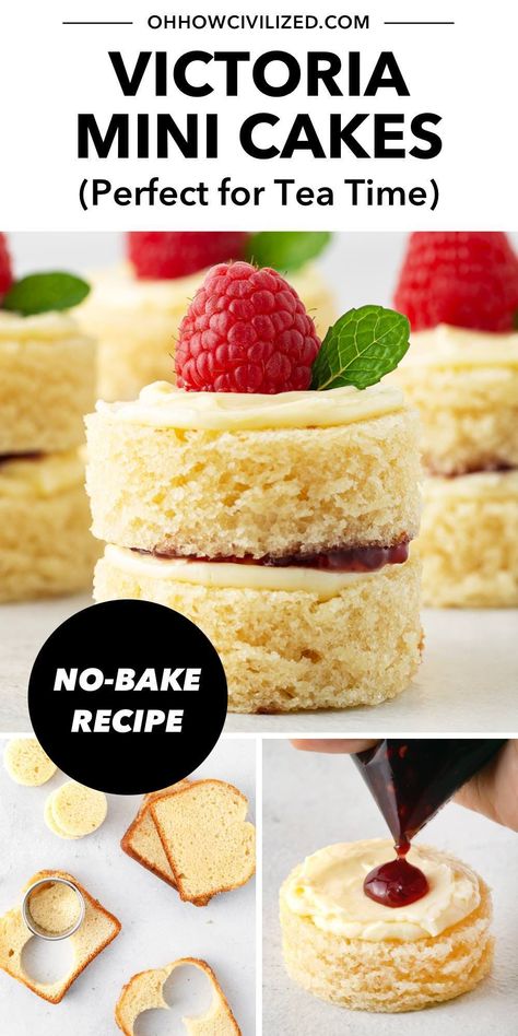 This easy, no-bake recipe is inspired by classic Victoria Sponge Cakes. These adorable 6-ingredient mini cakes are quick to assemble and perfect for afternoon tea. #afternoontea #teacakes #victoriaspongecake High Tea Food Recipes, Girls Afternoon Tea Party Ideas, Easy Tea Party Food Simple, Tea Party Food Ideas For Adults Simple, Easy High Tea Food, Tea Party Cupcakes Ideas, Tea Party Cake Ideas, Last Minute Desserts, Afternoon Tea Menu Ideas