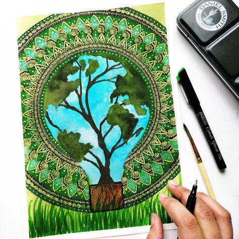 Kicking off the mandala mania for #7mandalaschallenge with the first prompt Environment Mandala. It took a pandemic for a lot of us to realize what we as humans are doing to the environment. As the earth slowly heals with minimal intervention from us, I hope we remember what it is like to not pollute. To a safer, cleaner and greener world🙏♥️ Hope you guys like it!!. .. . . . . . . . . . . . . .  Paper and pen: @brustro_official  Brush : @artyshils_art_brushes Paint : @danielsmith_india . . . . Mandala Creative, Earth Day Drawing, Creative Book Cover Designs, Creative Book Covers, Brushes Paint, Drawing Competition, Mandala Doodle, Easy Mandala Drawing, Indian Art Gallery