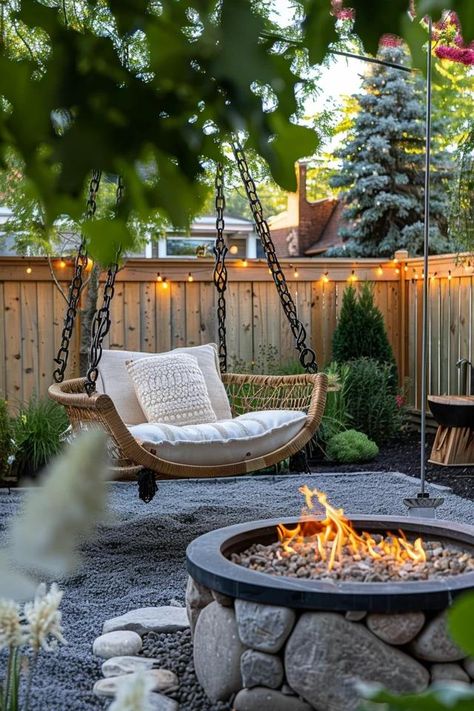 Cozy Fire Pit Swing Ideas for Backyard Bliss Hanging Chairs Around Fire Pit, Fire Pit With Swings Around It, Fire Pit Ideas Backyard With Swings, Backyard Haven, Swings Around Fire Pit, Fire Pit With Swings, Sleek Outdoor Furniture, Cozy Fire Pit, Backyard Hangout