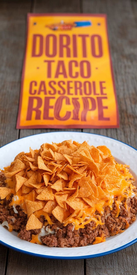 A fun twist on Taco Tuesday! This Dorito Taco Casserole combines all your favorite taco ingredients in one cheesy, crispy casserole. Dorito Taco Casserole Bake, Taco Noodles, Dorito Taco Bake, Chicken Dorito Casserole Recipe, Taco Casseroles, Dorito Taco Casserole, Taco Casserole Bake, Dorito Taco, Chicken Dorito Casserole