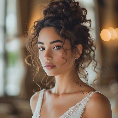 Curly Hair With Crown Wedding Hairstyles, Big Curly Hair Half Up Half Down, Bridesmaid Updo Hairstyles Curly Hair, Romantic Hairstyles For Curly Hair, Curly Updo Bridal Hair, Prom Hair Unique, Naturally Curly Wedding Hair Down, Curly Wedding Hairstyles Updo, Romantic Bridal Hair Down