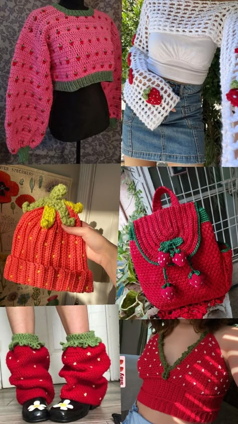 Strawberry crochet outfit inspo Strawberry Milk Aesthetic Outfits, Strawberry Aesthetic Fashion, Crochet Strawberry Clothes, Strawberry Outfit Ideas, Strawberry Themed Outfit, Crochet Strawberry Sweater, Fall Crochet Ideas Clothes, Strawberry Aesthetic Outfit, Strawberry Outfit Aesthetic