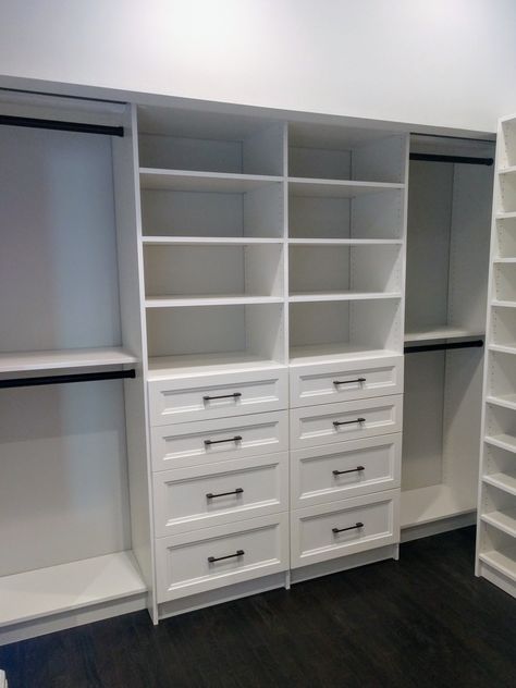 Closets With Built In Dresser, Small Walk In Closet Ideas With Drawers, Dresser Drawers In Closet, Closet Designs With Drawers, Walk In Closet Built In Dresser, Closet With Built In Shelves, Him And Her Closet Ideas, Closet With Drawers And Shelves, Small Walk In Closet Remodel