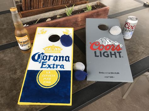 Coors Light Corn Hole Boards, Hand Painted Cornhole Boards, Cornhole Painting Ideas, Painting Cornhole Boards Designs, Cornhole Boards Designs Diy Paint, Corn Hole Boards Designs Paint, Cornhole Paint Ideas, Painted Cornhole Boards, Painted Corn Hole Boards