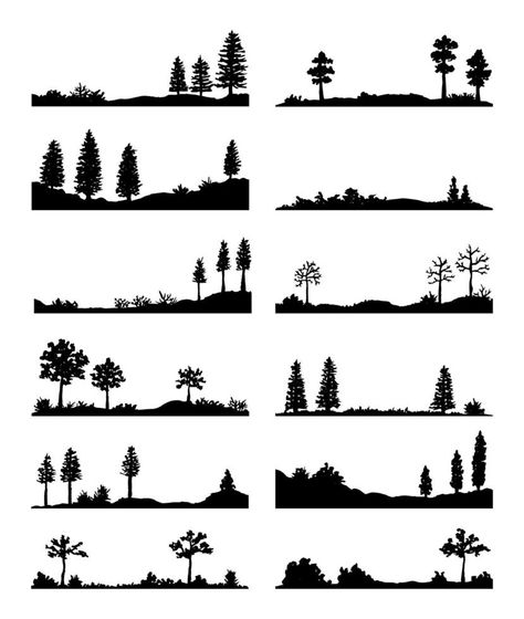 Set of hand painted forest landscape silhouettes. Christmas Silhouettes, Painted Forest, Landscape Silhouette, Spray Paint Stencils, Forest Silhouette, Christmas Landscape, Landscape Forest, Silhouette Christmas, Wood Carving Patterns