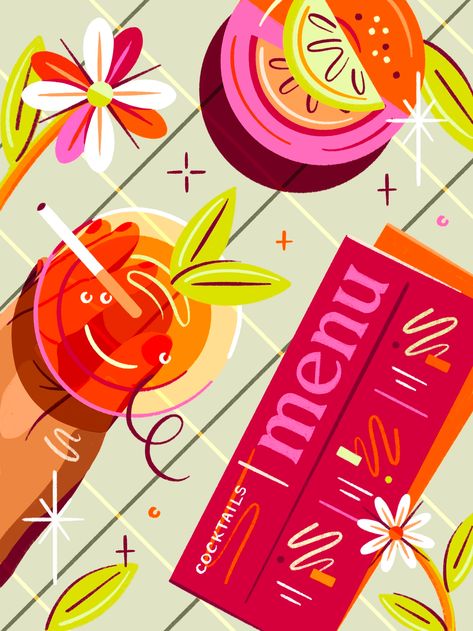 Happy Hour Illustration, Graphic Design Artists, Drinks Graphic Design, Alcohol Graphic Design, Charcuterie Illustration, Cocktail Illustration Graphic Design, Illustration Styles Inspiration, Cocktail Graphic Design, Fruit Illustration Design