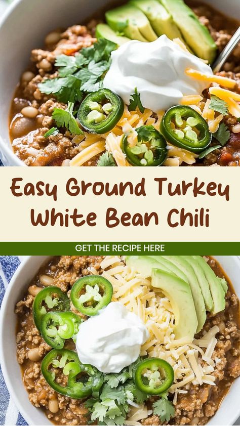 Warm up with a hearty bowl of ground turkey white bean chili that's both satisfying and flavorful. This easy recipe is perfect for cozy nights in or entertaining guests. Packed with protein and fiber, this chili is a wholesome dish that the whole family will love. It comes together quickly and can be easily customized with your favorite toppings like avocado, cheese, or sour cream. Enjoy the comforting aroma as it simmers on the stove – a delicious dinner option that's sure to become a household Turkey Pumpkin White Bean Chili Skinnytaste, Health Chili Recipes, White Bean Chili With Ground Beef, Ground Turkey White Bean Soup, White Turkey Chilli, Ground Chicken White Chili Recipe, White Chili With Ground Turkey, High Protein Turkey Chili, White Turkey Chili Crockpot