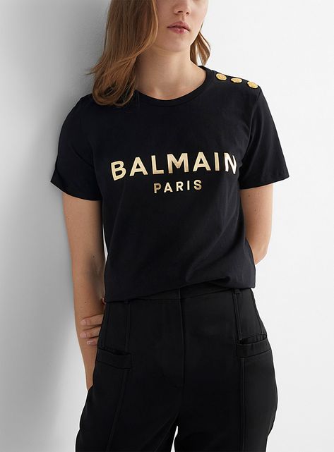 Balmain Designer, Balmain Clothing, Balmain Collection, Golden Logo, Balmain Paris, Metallic Logo, Logo Tees, Accessories For Women, Designer Collection