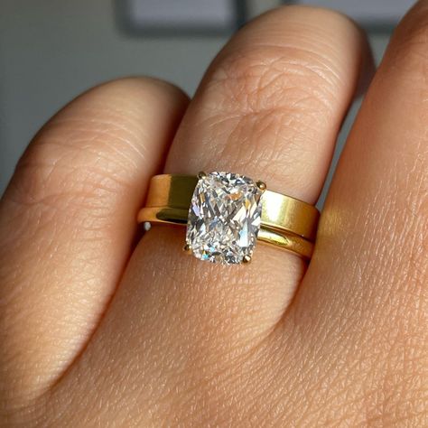 2.50 Elongated Cushion Cut Moissanite Engagement Ring 14k - Etsy Cushion Cut Thick Band Engagement Ring, Cushion Cut Engagement Ring Thick Band, 3mm Engagement Ring, Elongated Cushion Stack, Gold Engagement Ring Thick Band, Elongated Cushion Engagement Ring Stack, Elongated Cushion Engagement Ring With Wedding Band, Cushion Cut Engagement Ring And Band, Elongated Cushion Engagement Ring Gold