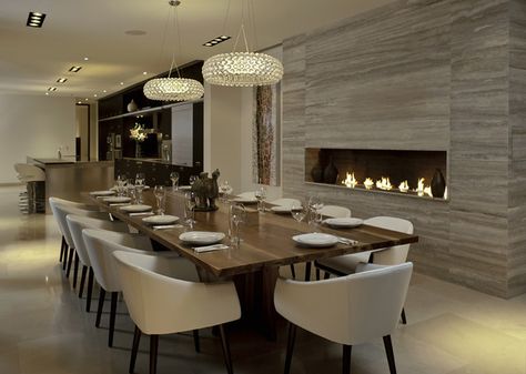 Modern dining room design | more inspiring images at http://diningandlivingroom.com/category/dining-room/ Contemporary Dining Room Design, Dining Room Design Modern, Linear Fireplace, White Chairs, Dining Room Contemporary, Interior Design Dining Room, Dining Room Interiors, Beautiful Dining Rooms, Luxury Dining Room