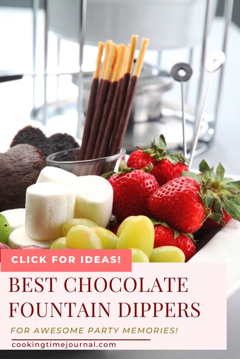 Choc Fountain Ideas, What To Dip In Chocolate Fountain, Chocolate Fountain Ideas Parties, Christmas Chocolate Fountain Bar, Chocolate Fountain Dippers, Chocolate Fountain Charcuterie Board, Things To Dip In Chocolate Fountain, Chocolate Fountain Bar Display, Fondue Dipping Ideas