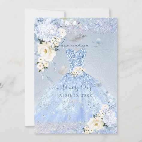 Quinceanera Light Blue, Quinceanera Blue, Glitter Gown, Quinceañera Invitation, Butterfly Invitations, Princess Birthday Invitations, Quinceanera Dresses Blue, Blue Invitation, Sweet Sixteen Invitations