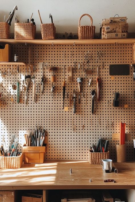 Organize your workspace with a custom DIY pegboard! Perfect for easy access and tool storage in any workshop. #ToolStorage #DIYOrganization #WorkshopIdeas Wall Storage Art Supplies, Pegboard Shed Organization, Scene Shop Organization, Home Tool Organization, Workshop Pegboard Organization, Pegboard Ideas Garage, Pegboard Workshop, Peg Board Tool Organization, Pegboard Tool Organization