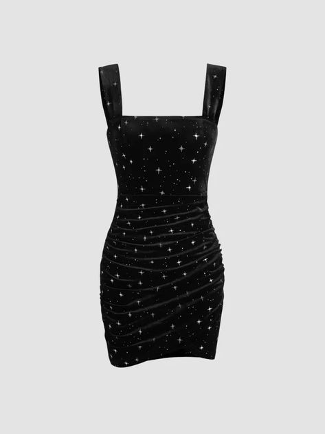 Short Dresses - Cider Live House, Ruched Mini Dress, Sweet 16 Dresses, Clothing Details, Black Velvet Dress, Star Dress, Star Pattern, Trendy Clothes For Women, Black Dresses