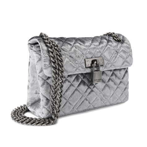 The Mini Fabric Brixton Lock Bag is crafted in a grey velvet with overstitched quilting. The antiqued silver branded padlock sits on the flap. 14cm (H), 20cm (L), 6cm (D) Strap drop cross body: 120cm Strap drop shoulder: 70cm Antiqued silver chain strap Duo magnetic snap closure hidden under flap Can fit phones up to 7 inches Small internal lining pocket Outer: Velvet Interior: Monogrammed interior lining Style number: 3869420789 Kurt Geiger Outfit, Bags For Ladies, London Evening, Money Girl, Velvet Interior, Rich Girl Lifestyle, Velvet Interiors, Trainer Heels, Grey Velvet