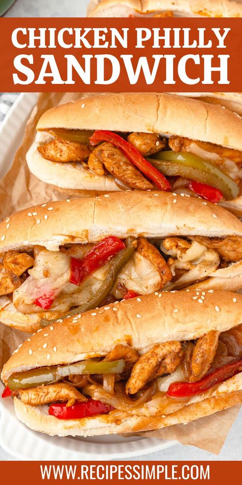 These delicious Chicken Philly Sandwiches are loaded with thinly sliced chicken, sautéed onions, and peppers, all smothered in gooey Provolone cheese. Perfect easy meal everyone will love! Chicken Grinder Sandwich, Chicken Melt Sandwich Recipes, Chicken Melt Sandwich, Chicken Peppers And Onions, Philly Sandwich, Mayo Chicken, Chicken Subs, Grinder Sandwich, Chicken Philly