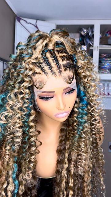 Blonde Blue Braids, Brown And Blue Braids, Blue Wig, Fulani Braids, Deep Wave Hairstyles, Deep Wave, Custom Wigs, Honey Blonde, Burmese