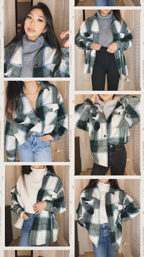 styling my plaid shacket 4 ways • zara green plaid shacket • mom fit jeans • fall winter 2020 outfit inspo Blue Shacket Outfit Women Winter, Blue Plaid Jacket Outfit, Green Flannel Shacket Outfit, Green Flannel Jacket Outfit, Green Shirt Winter Outfit, Green Flannel Outfits For Women, Green Shacket, Zara Shacket, Plaid Shaket Jacket Outfit Fall