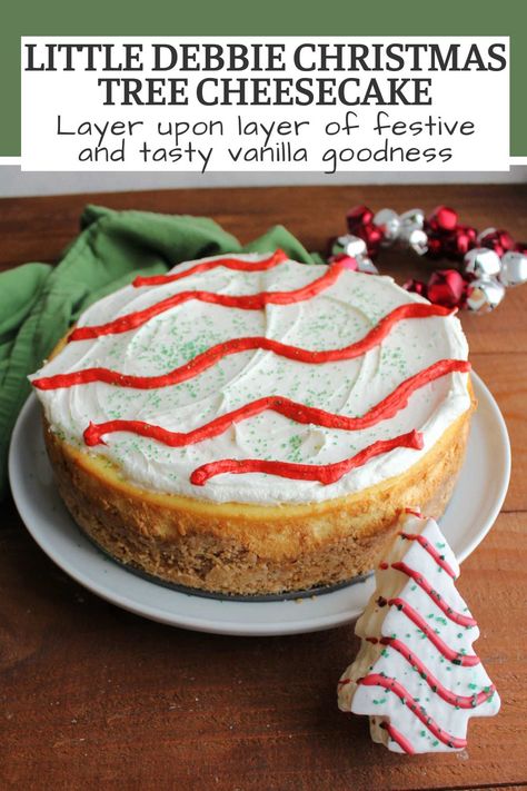 This Little Debbie Christmas tree cheesecake is the ultimate in holiday treats. It has big vanilla flavor in such a festive package. Let me tell you, it lives up to the hype! Little Debbie Christmas Tree Snack Cake Cheesecake, Little Debbie Christmas Tree Cheesecakes, Little Debbie Tree Cheesecake, Little Debby Christmas Tree Cheesecake, No Bake Christmas Tree Cheesecake, Little Debbie Cheesecake Christmas Tree, Little Debbie Christmas Cheesecake, Christmas Tree Cake Cookies, Lil Debbie Christmas Tree Cheesecake