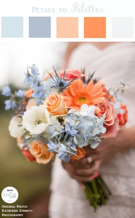 Coral Wedding Bouquet, Blue Coral Weddings, Blue Orange Weddings, Santorini Elopement, Orange Wedding Themes, Wedding Theme Color Schemes, Light Blue Wedding, Blue Wedding Flowers, Wedding Colors Blue