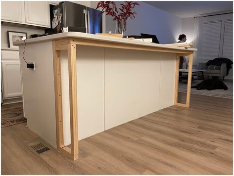 Extend Island Countertop Diy, Diy Kitchen Island End Panels, Beadboard Kitchen Island Diy, Wainscotting On Kitchen Island, Kitchen Island End Cap Ideas, Fyi Kitchen Island, Kitchen Island Supports, Kitchen Island Drywall Ideas, Drywall Island Makeover