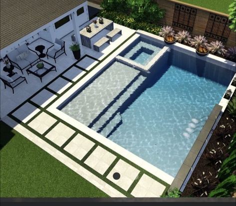 Inground Pool Hot Tub Combo, Outdoor Pool Area Ideas Modern, Ranch House Pool Ideas, Outdoor Shower Area Ideas, Linear Pool With Spa, Luxury Swimming Pools Backyard, Swimming Pool Ideas Inground, Rectangle Pools Backyard, Backyard With Rectangle Pool